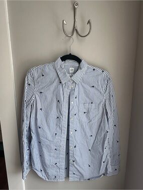 GAP White and Blue Striped Button-Down Shirt with Navy Embroidered Palm Trees